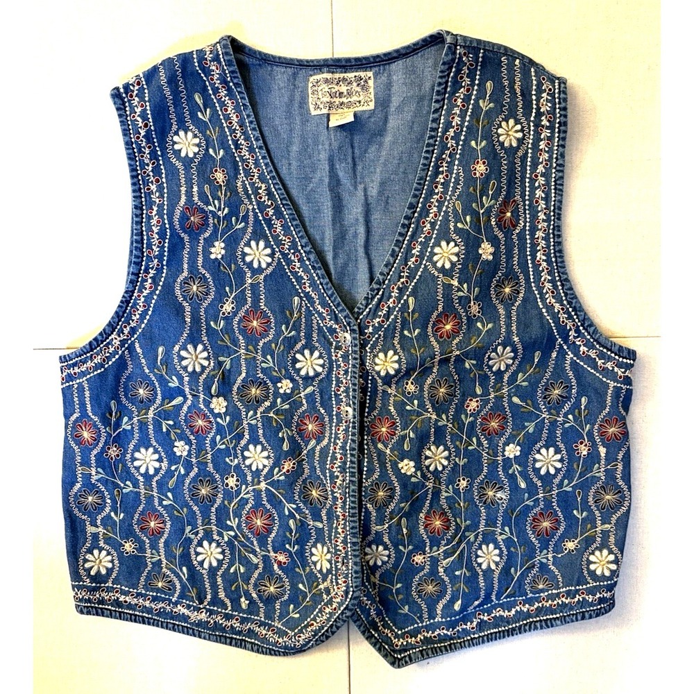 Gorgeous Ladies TanTrum Blues Embroidered Floral Vest Size 1X